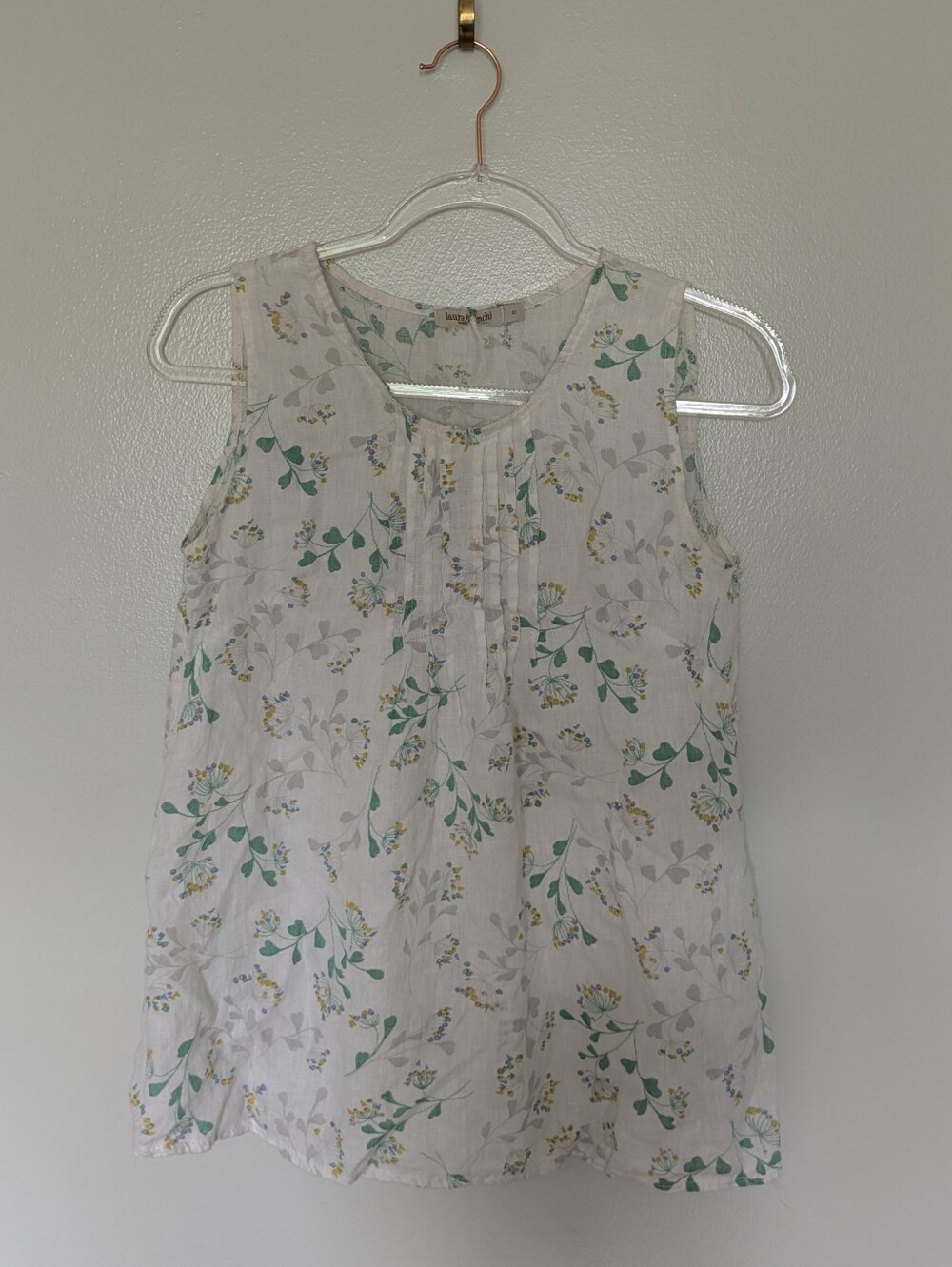 Laura Bianchi Linen Tank Top Floral White Pleats Coastal Small